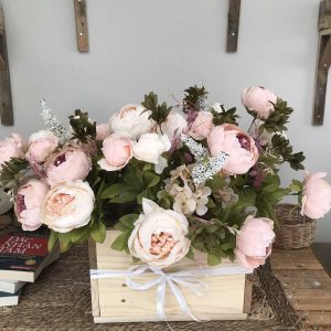 hộp gỗ hoa mẫu đơn giả cỡ lớn, hoa để bàn cao cấp